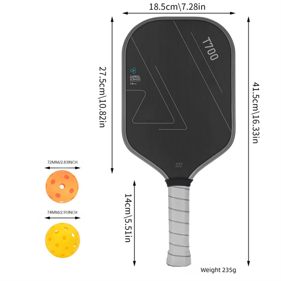 Grey and Black T700 Carbon Fiber Pickleball Paddle Set - 16mm Textured Matte Finish with Oxford Carry Bag & PE Balls
