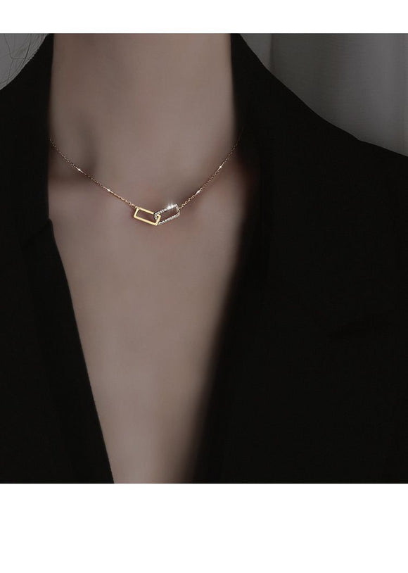 Gold Minimalist Double Rectangle Necklace – Geometric Zirconia Clavicle Chain with Adjustable Extender 