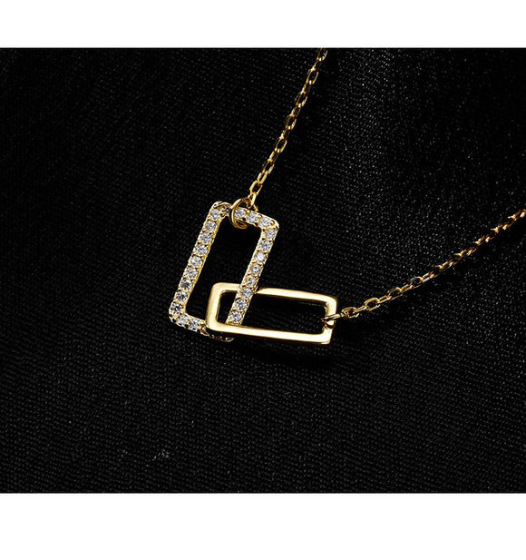 Gold Minimalist Double Rectangle Necklace – Geometric Zirconia Clavicle Chain with Adjustable Extender 