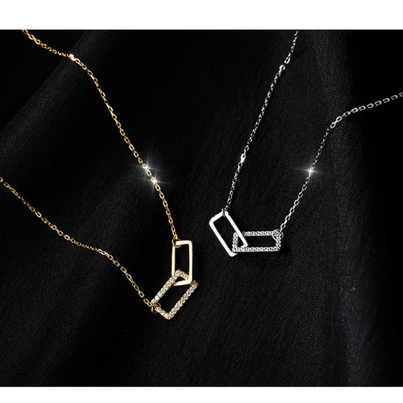Gold Minimalist Double Rectangle Necklace – Geometric Zirconia Clavicle Chain with Adjustable Extender 