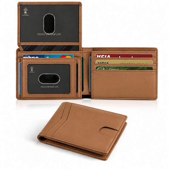 Brown Men's Vegan Leather Slim Trifold Wallet - RFID Blocking, Dual ID Windows & 15 Card Slots - Minimalist Gift for Business and Travel