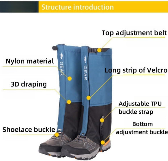 Blue Breathable Nylon Waterproof Hiking Leg Gaiters and Snow Boot Gaiters (Fleece Lining) - Unisex Adjustable Sand & Mud Protection for Mountaineering & Desert Trekking, XL Size