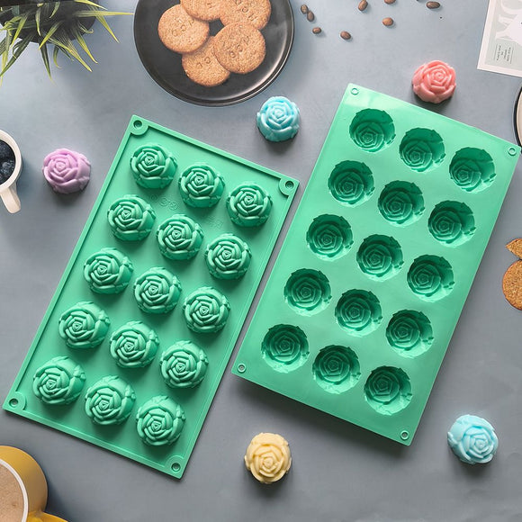 2PCS Green 3D Rose Shaped Silicone Baking Mold (15 Cavity) - Non-Stick Cake Chocolates & Jelly Pan - Durable Flexible Easy Release for Holiday Desserts