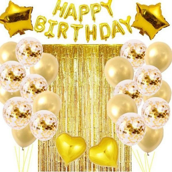 Pink Premium Foil Balloon Party Kit – Happy Birthday Banner, 2 Star & 2 Heart Foil Balloons, 10 Confetti + 10 Pearl Latex Balloons, 2m Fringe Curtain & 10m Ribbon – Elegant, Easy Setup for Birthdays & Celebrations