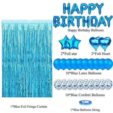 Blue Premium Foil Balloon Party Kit – Happy Birthday Banner, 2 Star & 2 Heart Foil Balloons, 10 Confetti + 10 Pearl Latex Balloons, 2m Fringe Curtain & 10m Ribbon – Elegant, Easy Setup for Birthdays & Celebrations - 0