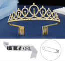 2-piece Golden and Silvery Birthday Girl Tiara and Sash Set - Elegant Rhinestone Alloy Crown with , Glitter "BIRTHDAY GIRL" Sash & Safety Pin - Perfect Princess Party Accessory for Women and Girls-1
