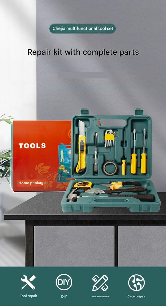 Green 16 Piece Set -Multi-Purpose Home & Car Tool Kit -  Durable Blow-Molded Case, Utility Knife, Tape Measure, Pliers, Hammer, Screwdrivers, Allen Keys - Compact Emergency Repair Set for DIY and Auto Maintenance