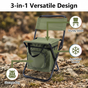 3-in-1 Green Large Portable Folding Camping Chair with Zippered Cooler Bag and 35*35cm Thick Plush Seat Cushion, Outdoor Fishing and Picnic Stool with Backrest and 25 *27 *18.5cm Insulated Storage Pocket - 0