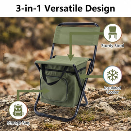3-in-1 Camouflage Large Portable Folding Camping Chair with Zippered Cooler Bag and 35*35cm Thick Plush Seat Cushion, Outdoor Fishing and Picnic Stool with Backrest and 25 *27 *18.5cm Insulated Storage Pocket - 0