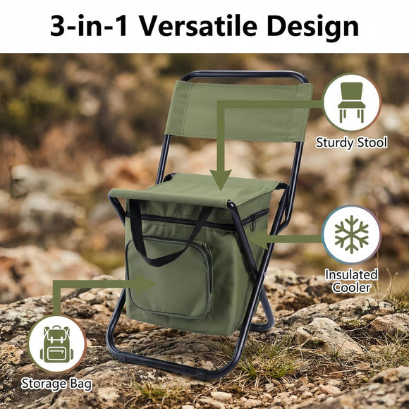 3-in-1 Camouflage Large Portable Folding Camping Chair with Zippered Cooler Bag and 35*35cm Thick Plush Seat Cushion, Outdoor Fishing and Picnic Stool with Backrest and 25 *27 *18.5cm Insulated Storage Pocket
