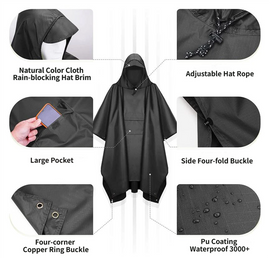 3-in-1 Black Camping Rain Poncho / Outdoor Shelter Tarp / Ground Sheet (82.7 x 55 inch) with 2 Pairs Rain Shoe Covers - Large Backpack Coverage, Drawstring Hood and Carry Bag for Hiking Trekking Cycling Use - 0
