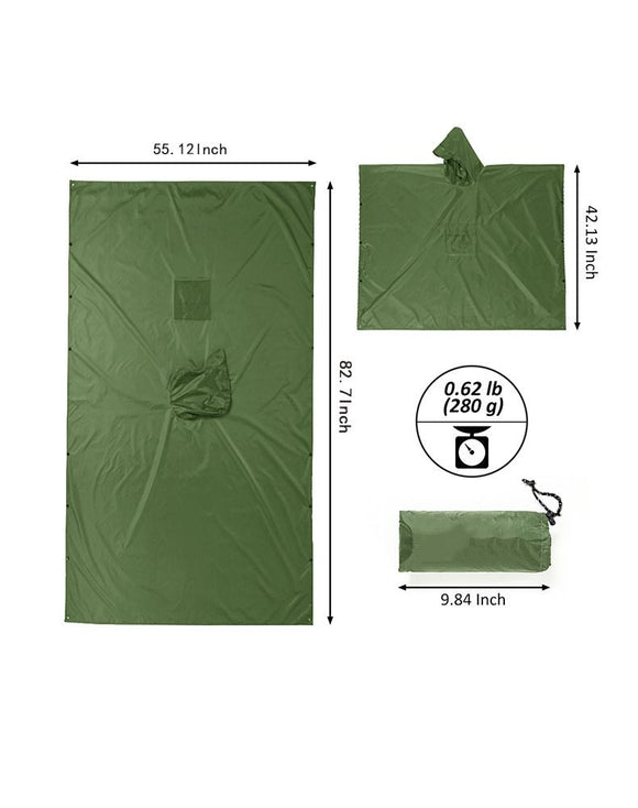 3-in-1 Black Camping Rain Poncho / Outdoor Shelter Tarp / Ground Sheet (82.7 x 55 inch) with 2 Pairs Rain Shoe Covers - Large Backpack Coverage, Drawstring Hood and Carry Bag for Hiking Trekking Cycling Use