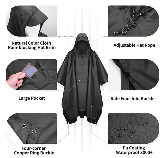 3-in-1 Blue Camping Rain Poncho / Outdoor Shelter Tarp / Ground Sheet (82.7 x 55 inch) with 2 Pairs Rain Shoe Covers - Large Backpack Coverage, Drawstring Hood and Carry Bag for Hiking Trekking Cycling Use