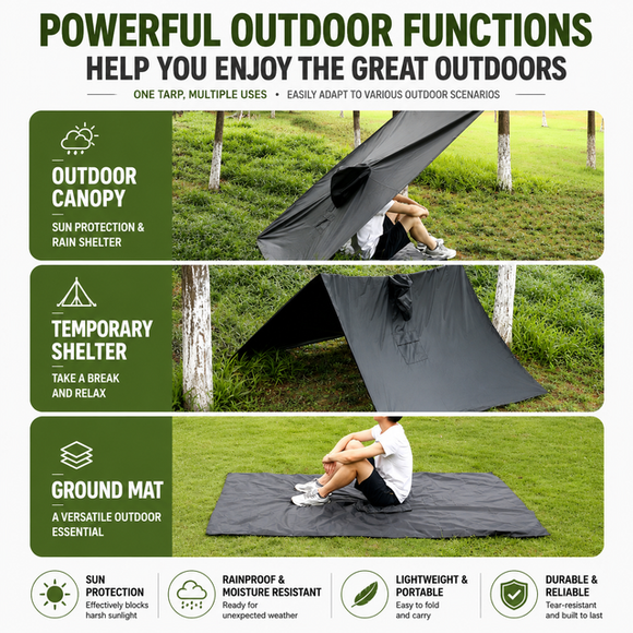 3-in-1 Brown Camping Rain Poncho / Outdoor Shelter Tarp / Ground Sheet (82.7 x 55 inch) with 2 Pairs Rain Shoe Covers - Large Backpack Coverage, Drawstring Hood and Carry Bag for Hiking Trekking Cycling Use