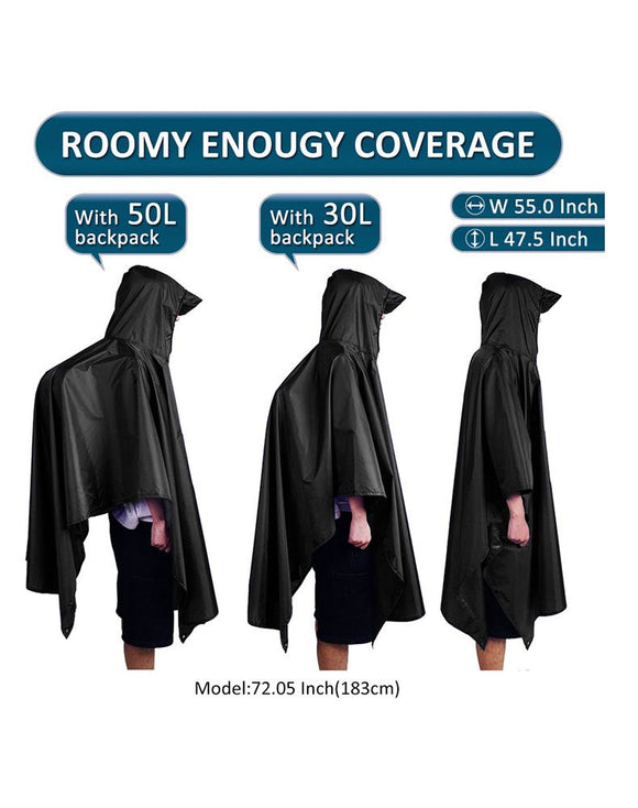 3-in-1 Brown Camping Rain Poncho / Outdoor Shelter Tarp / Ground Sheet (82.7 x 55 inch) with 2 Pairs Rain Shoe Covers - Large Backpack Coverage, Drawstring Hood and Carry Bag for Hiking Trekking Cycling Use