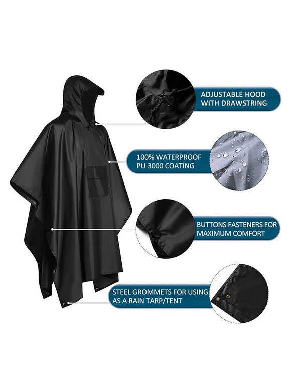 3-in-1 Brown Camping Rain Poncho / Outdoor Shelter Tarp / Ground Sheet (82.7 x 55 inch) with 2 Pairs Rain Shoe Covers - Large Backpack Coverage, Drawstring Hood and Carry Bag for Hiking Trekking Cycling Use