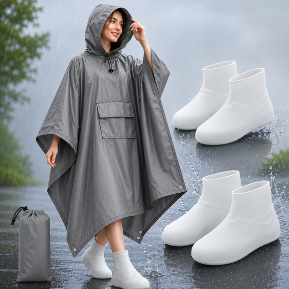 3-in-1 Grey Camping Rain Poncho / Outdoor Shelter Tarp / Ground Sheet (82.7 x 55 inch) with 2 Pairs Rain Shoe Covers - Large Backpack Coverage, Drawstring Hood and Carry Bag for Hiking Trekking Cycling Use