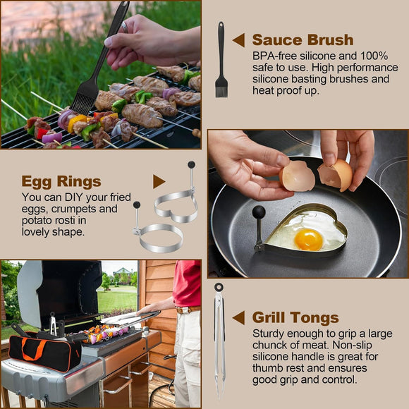 15-Piece Stainless Steel BBQ Griddle Tools and 3-Row Grill Cleaning Wire Brush Set, Portable Outdoor Barbecue Accessories Kit with 4 Spatulas, Tongs, Scraper, Heart / Round Egg Rings, 2 Oil Bottles and Storage Bag
