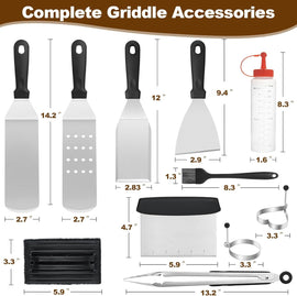14PCS Stainless Steel BBQ Griddle Tool Kit with Carry Bag, Flat Top Grill Accessories Set for Blackstone and Camp Chef - 4 Grill Spatulas, Tong, Scraper, 2 Oil Bottles and Heart / Round Egg Rings for Outdoor Barbecue - 0