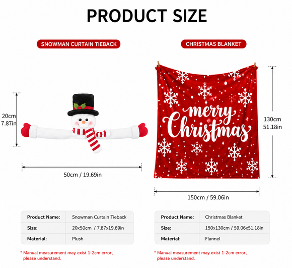 Christmas Flannel Throw Blanket and Snowman Curtain Tieback Set, 150*130cm Thick Fleece Sofa Blanket with 2 Plush Snowman Velcro Curtain Holders for Holiday Home Decor