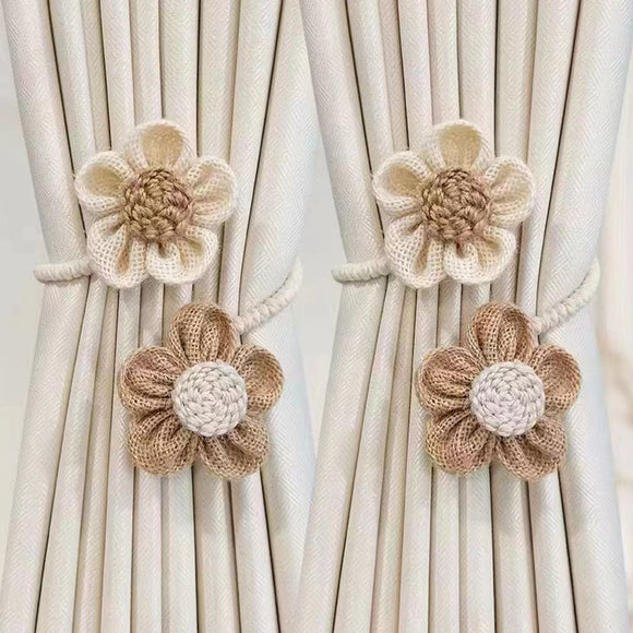 Beige-Brown Rustic Flower Curtain Tiebacks Set of 2, Handcrafted Fabric Daisy Curtain Holdbacks, No Drill Flexible Curtain Rope Buckles, Farmhouse Curtain Accessories for Sheer and Blackout Curtains