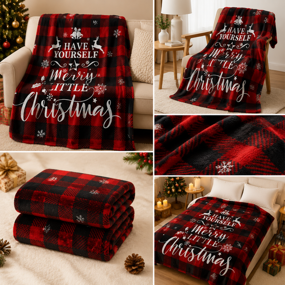 Christmas Home Comfort Set with Flannel Throw Blanket 130x150cm, Plush Indoor Slippers AU 6-7 and Santa Curtain Tiebacks, Cozy Holiday Gift Bundle