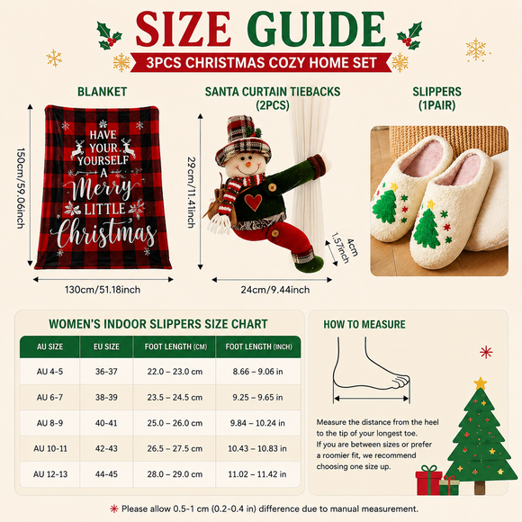Christmas Home Comfort Set with Flannel Throw Blanket 130x150cm, Plush Indoor Slippers AU 4-5 and Snowman Curtain Tiebacks Set of 2, Festive Holiday Gift Bundle
