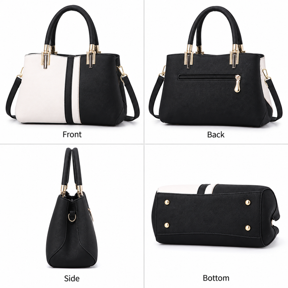 Large Capacity Color Block PU Leather Handbag, Square Shoulder Crossbody Bag with Bottom Rivets & Multi‑Pocket Storage for Daily Casual Use, Black and White 29 x 21 x 14CM
