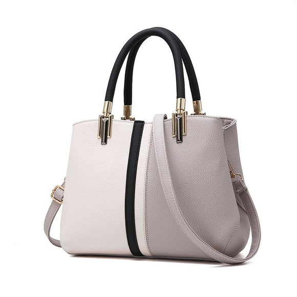 Large Capacity Color Block PU Leather Handbag, Square Shoulder Crossbody Bag with Bottom Rivets & Multi‑Pocket Storage for Daily Casual Use, Grey and White 29 x 21 x 14CM