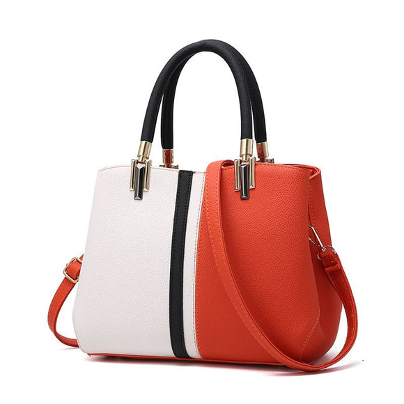 Large Capacity Color Block PU Leather Handbag, Square Shoulder Crossbody Bag with Bottom Rivets & Multi‑Pocket Storage for Daily Casual Use, Orange and White 29 x 21 x 14CM