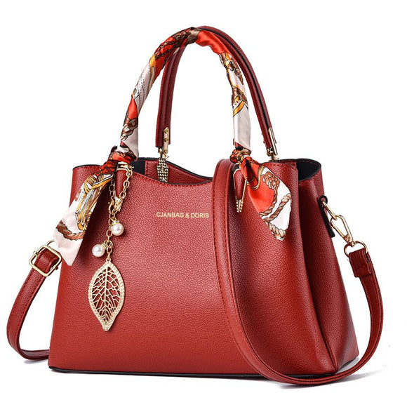 Red Large Capacity Lychee PU Leather Tote Handbag - Elegant Women's Satchel Crossbody Bag with Red Silk Scarf & Mental Leaf Pendant Decor