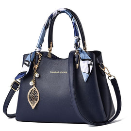 Dark Blue Large Capacity Lychee PU Leather Tote Handbag - Elegant Women's Satchel Crossbody Bag with Blue Silk Scarf & Mental Leaf Pendant Decor
