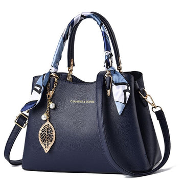 Dark Blue Large Capacity Lychee PU Leather Tote Handbag - Elegant Women's Satchel Crossbody Bag with Blue Silk Scarf & Mental Leaf Pendant Decor