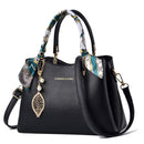 Black Large Capacity Lychee PU Leather Tote Handbag - Elegant Women's Satchel Crossbody Bag with Green Silk Scarf & Mental Leaf Pendant Decor-1