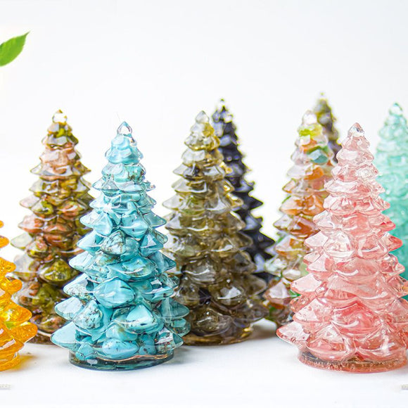 Colourful Cat eye Resin Crystal Christmas Tree Ornament - 55 x 87mm Decorative Mixed Gemstone Style Tabletop Tree for Festive Home Decor Gift Giving