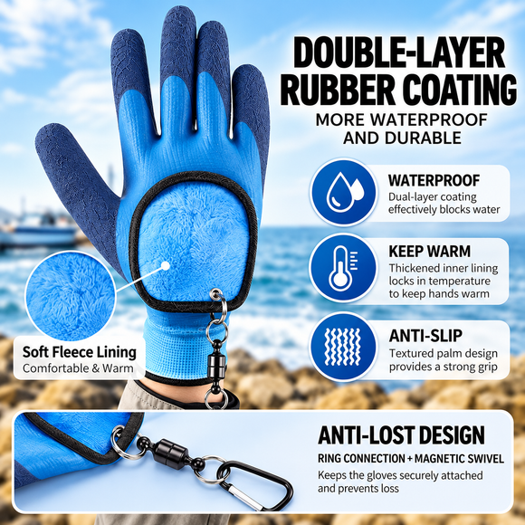 Waterproof Fishing Gloves with Fleece Lining - Thick Latex Coated Fish Handling Gloves, Anti-Slip Textured Grip and Magnetic Quick Release Clips for Winter Sea Fishing