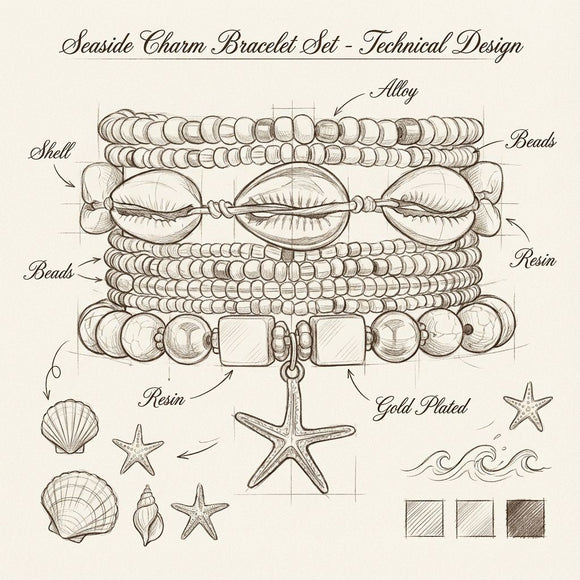 Black Bohemian Layered Beach Bracelet Set (Boxed) - 8 PCS Women's Stackable Clay Beaded Bracelets with Cowrie Shells & Starfish Charm, Eco-Friendly Coastal Summer Holiday Jewellery