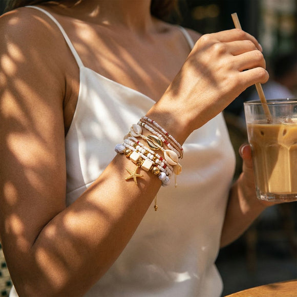 Pink Bohemian Layered Beach Bracelet Set (Boxed) - 8 PCS Women's Stackable Clay Beaded Bracelets with Cowrie Shells & Starfish Charm, Eco-Friendly Coastal Summer Holiday Jewellery