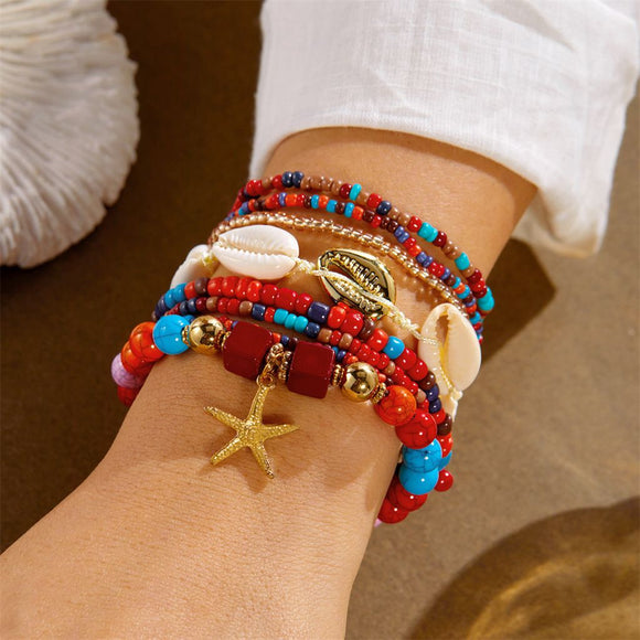 Colorful Bohemian Layered Beach Bracelet Set (Boxed) - 8 PCS Women's Stackable Clay Beaded Bracelets with Cowrie Shells & Starfish Charm, Eco-Friendly Coastal Summer Holiday Jewellery