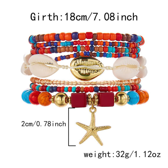 Colorful Bohemian Layered Beach Bracelet Set (Boxed) - 8 PCS Women's Stackable Clay Beaded Bracelets with Cowrie Shells & Starfish Charm, Eco-Friendly Coastal Summer Holiday Jewellery