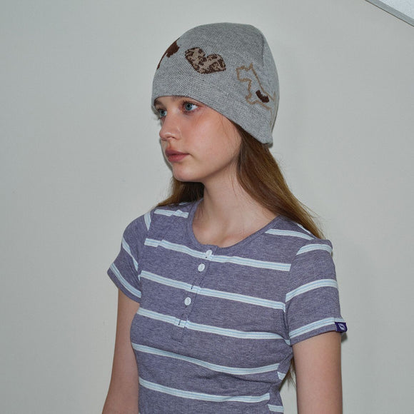 Women's Cute Dog Jacquard Knitted Beanie Hat with Leopard Heart - Wool Blend Winter Skull Cap, Soft Lightweight Warm Knit Hat for Stylish Casual Outfits