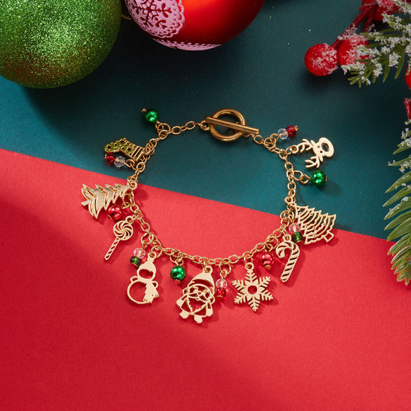 #3 Christmas Charm Colourful Beaded Bracelet for Women (Boxed) - Zinc Alloy Holiday Jewellery Gift with Christmas Tree, Santa Claus, Snowflake and Snowman Pendants