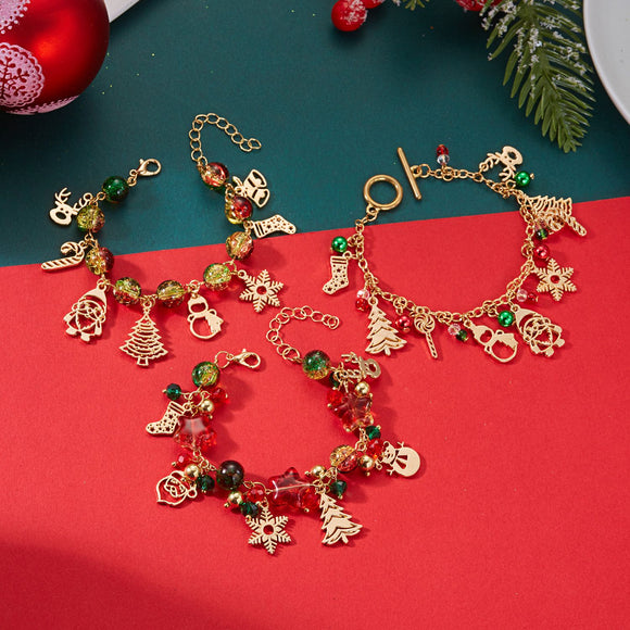 #3 Christmas Charm Colourful Beaded Bracelet for Women (Boxed) - Zinc Alloy Holiday Jewellery Gift with Christmas Tree, Santa Claus, Snowflake and Snowman Pendants