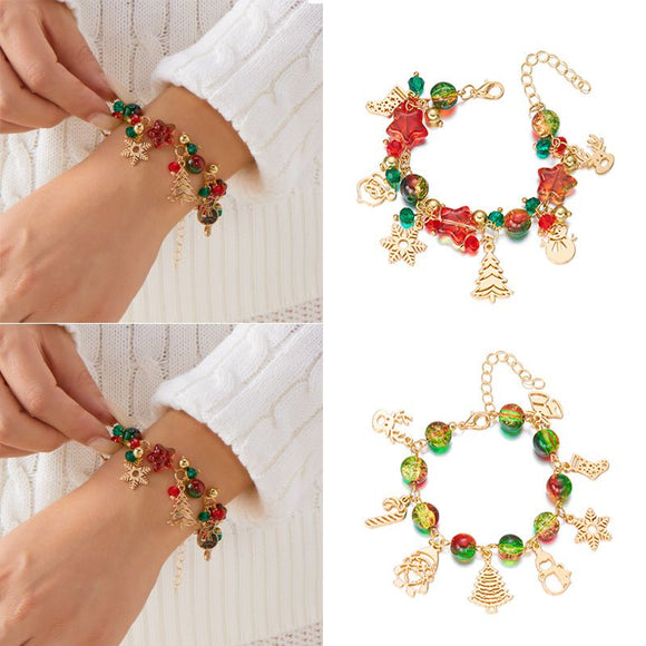 2-Piece Christmas Charm Colourful Beaded Bracelets Set for Women (Boxed) - Zinc Alloy Holiday Jewellery Gift with Christmas Tree, Santa Claus, Snowflake and Snowman Pendants
