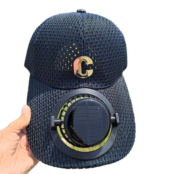 Navy blue Solar Powered Fan Hat - Breathable Mesh Cap with USB Rechargeable Cooling Fan, LED Display, Adjustable Brim for Outdoor Fishing Camping Hiking Summer Heat Relief