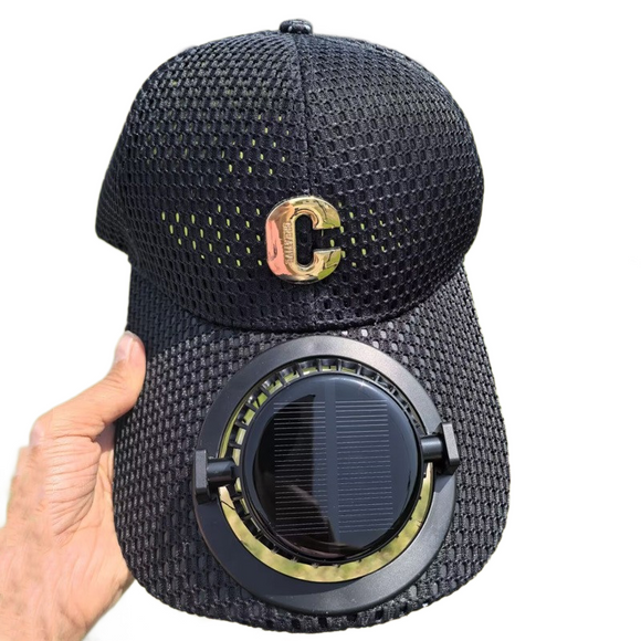 Black Solar Powered Fan Hat - Breathable Mesh Cap with USB Rechargeable Cooling Fan, LED Display, Adjustable Brim for Outdoor Fishing Camping Hiking Summer Heat Relief