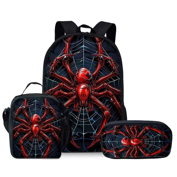 Style 1 3 Piece Spider Print School Bag Set - Large Capacity Polyester Backpack, Insulated Lunch Bag and Pencil Case - Lightweight Student Bookbag with Side Pocket for Boys Teens Kids