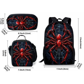 Style 1 3 Piece Spider Print School Bag Set - Large Capacity Polyester Backpack, Insulated Lunch Bag and Pencil Case - Lightweight Student Bookbag with Side Pocket for Boys Teens - 0