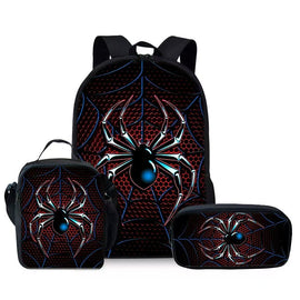 Style 2 3 Piece Spider Print School Bag Set - Large Capacity Polyester Backpack, Insulated Lunch Bag and Pencil Case - Lightweight Student Bookbag with Side Pocket for Boys Teens