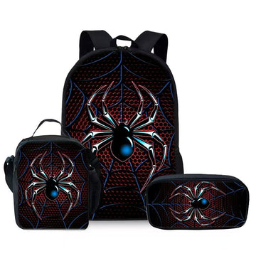 Style 2 3 Piece Spider Print School Bag Set - Large Capacity Polyester Backpack, Insulated Lunch Bag and Pencil Case - Lightweight Student Bookbag with Side Pocket for Boys Teens